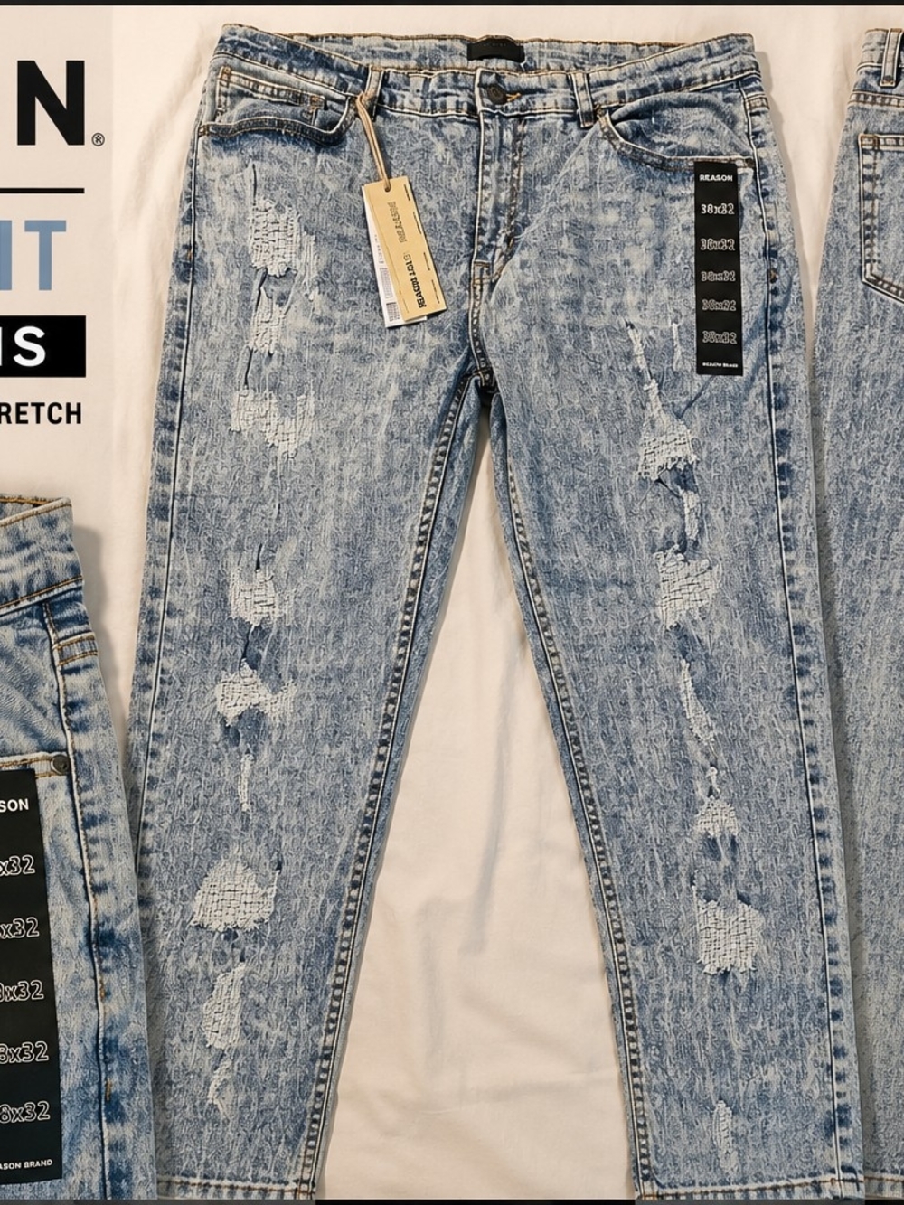 Reason Men's Skinny Jeans 38x32 Acid Wash Distressed Rip Repair Denim NWT